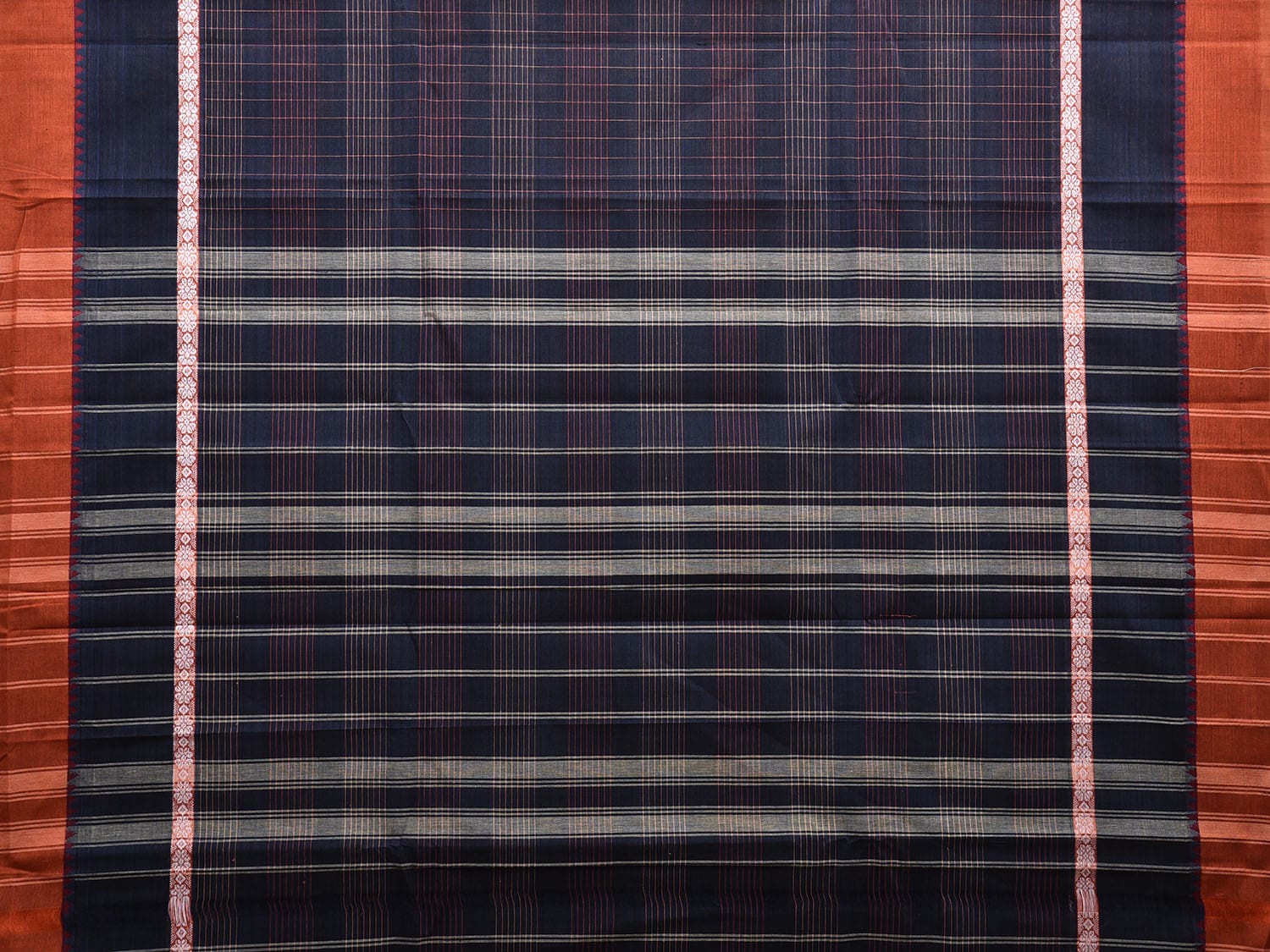 Navy and Orange Narayanpet Cotton Handloom Saree with Strips Design and Big Border No Blouse np1029