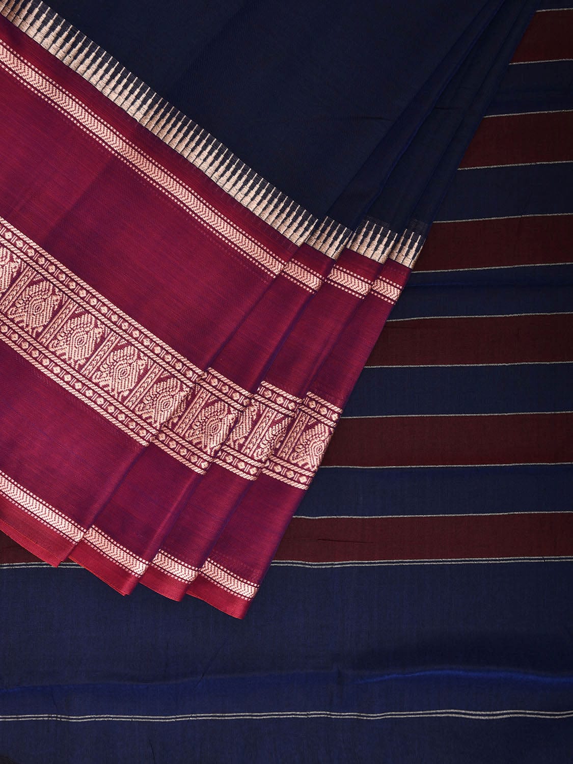 Navy and Pink Kanchipuram Cotton Saree with Strips Pallu and Big Border Design No Blouse k0805