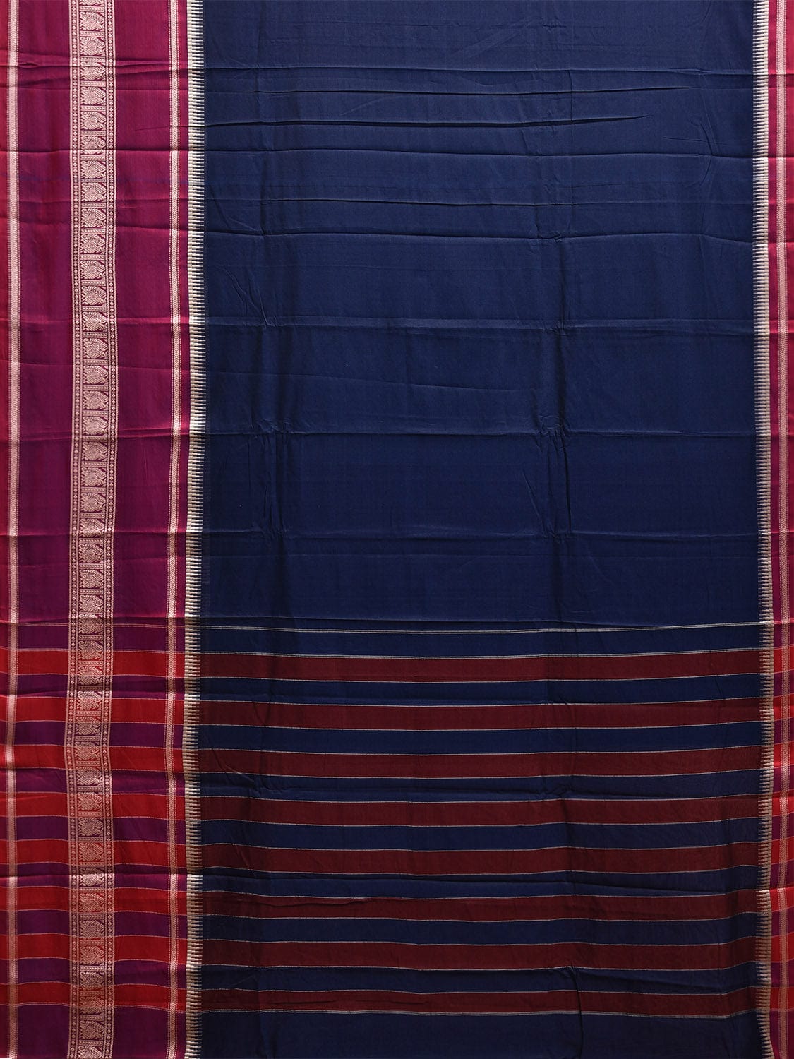 Navy and Pink Kanchipuram Cotton Saree with Strips Pallu and Big Border Design No Blouse k0805
