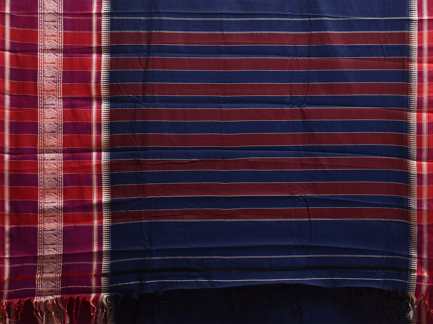 Navy and Pink Kanchipuram Cotton Saree with Strips Pallu and Big Border Design No Blouse k0805