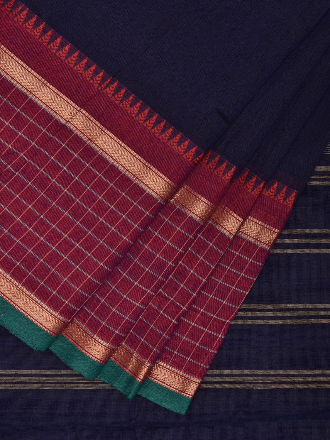 Navy and Pink Kanchipuram Cotton Saree with Strips Pallu and Checks Border Design k0734