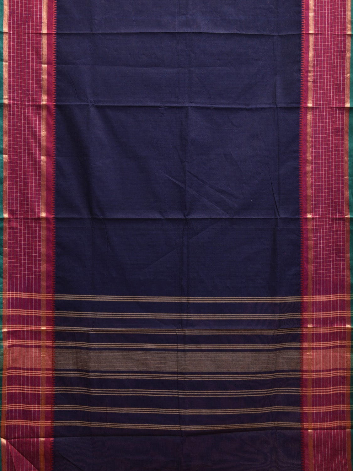 Navy and Pink Kanchipuram Cotton Saree with Strips Pallu and Checks Border Design k0734