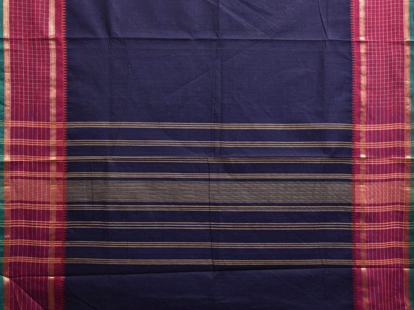 Navy and Pink Kanchipuram Cotton Saree with Strips Pallu and Checks Border Design k0734