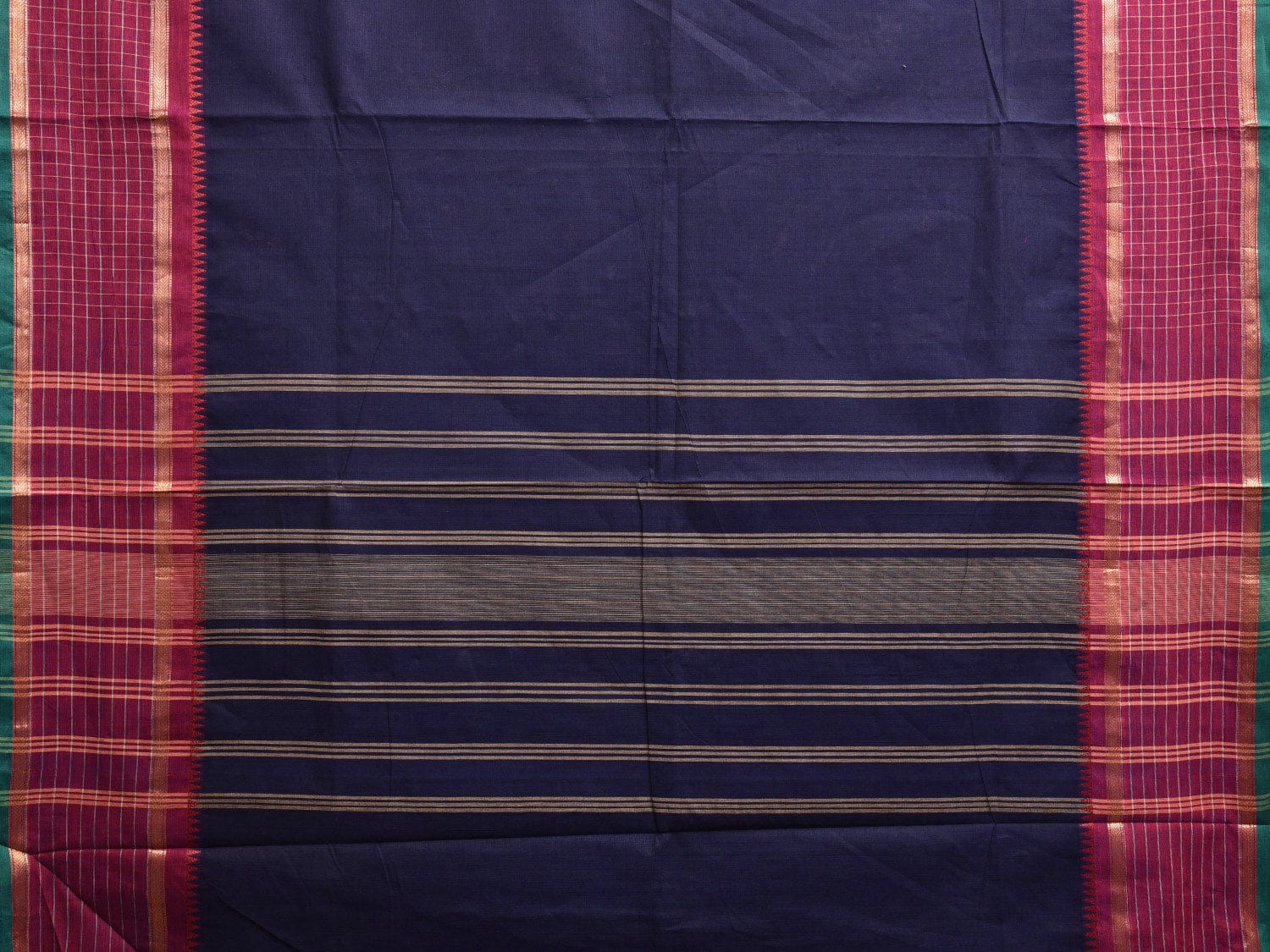 Navy and Pink Kanchipuram Cotton Saree with Strips Pallu and Checks Border Design k0734