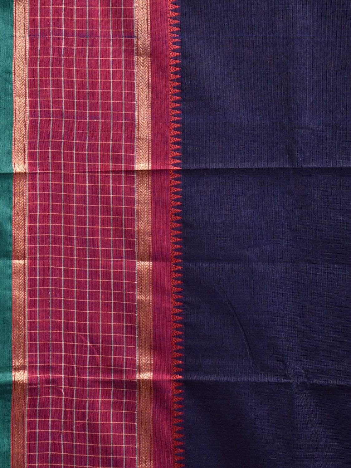 Navy and Pink Kanchipuram Cotton Saree with Strips Pallu and Checks Border Design k0734