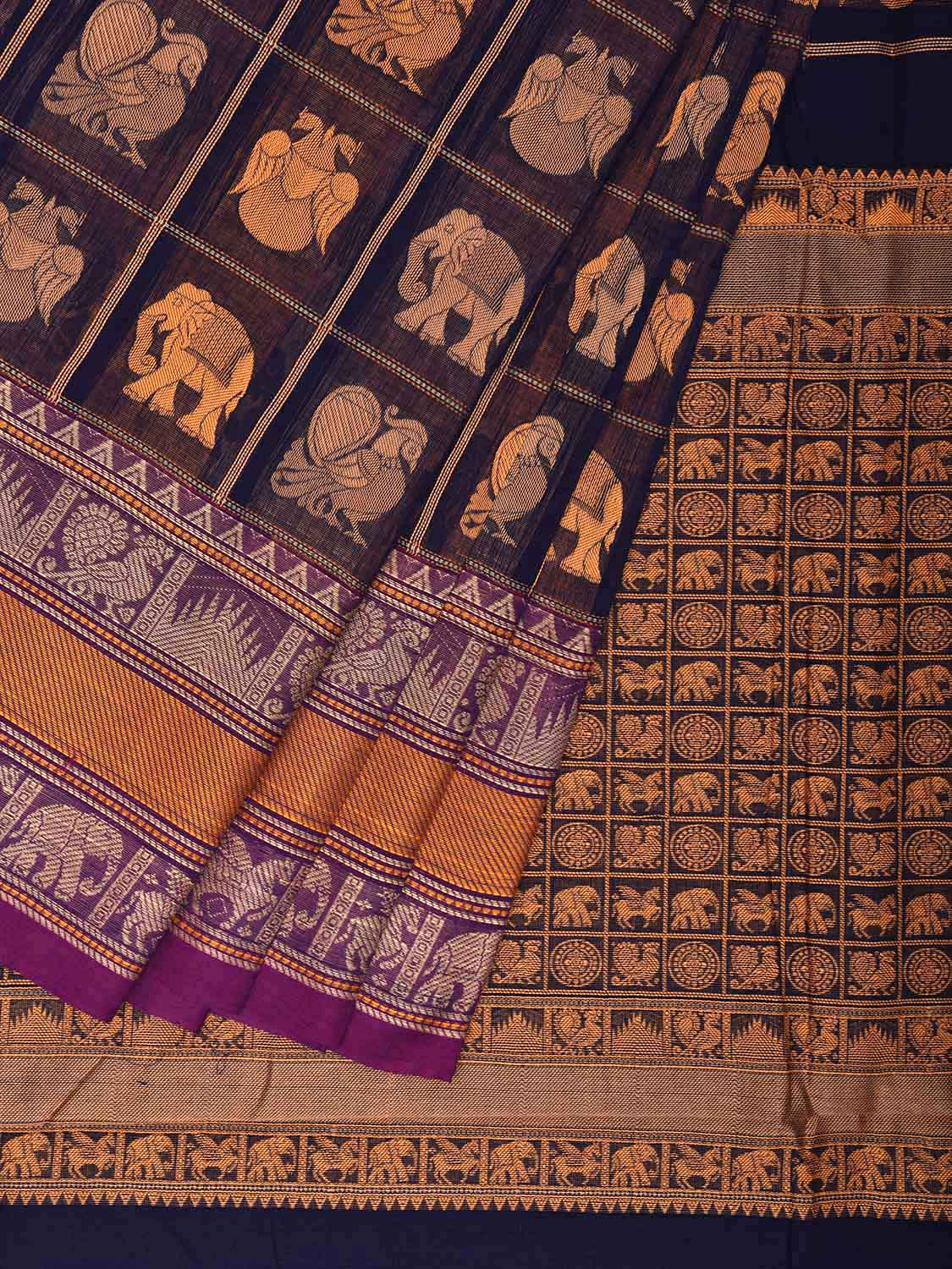 Navy and Purple Kanchipuram Cotton Saree with Checks Buta and Pallu Design k0790