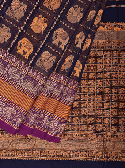 Navy and Purple Kanchipuram Cotton Saree with Checks Buta and Pallu Design k0790