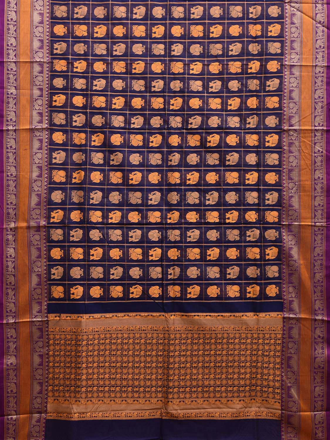 Navy and Purple Kanchipuram Cotton Saree with Checks Buta and Pallu Design k0790