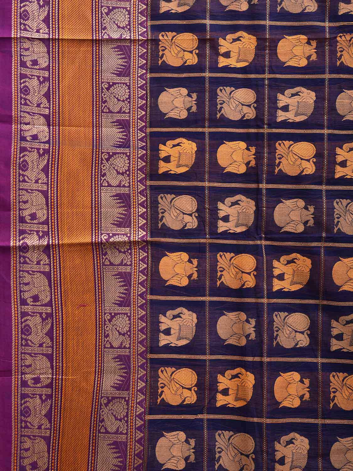 Navy and Purple Kanchipuram Cotton Saree with Checks Buta and Pallu Design k0790