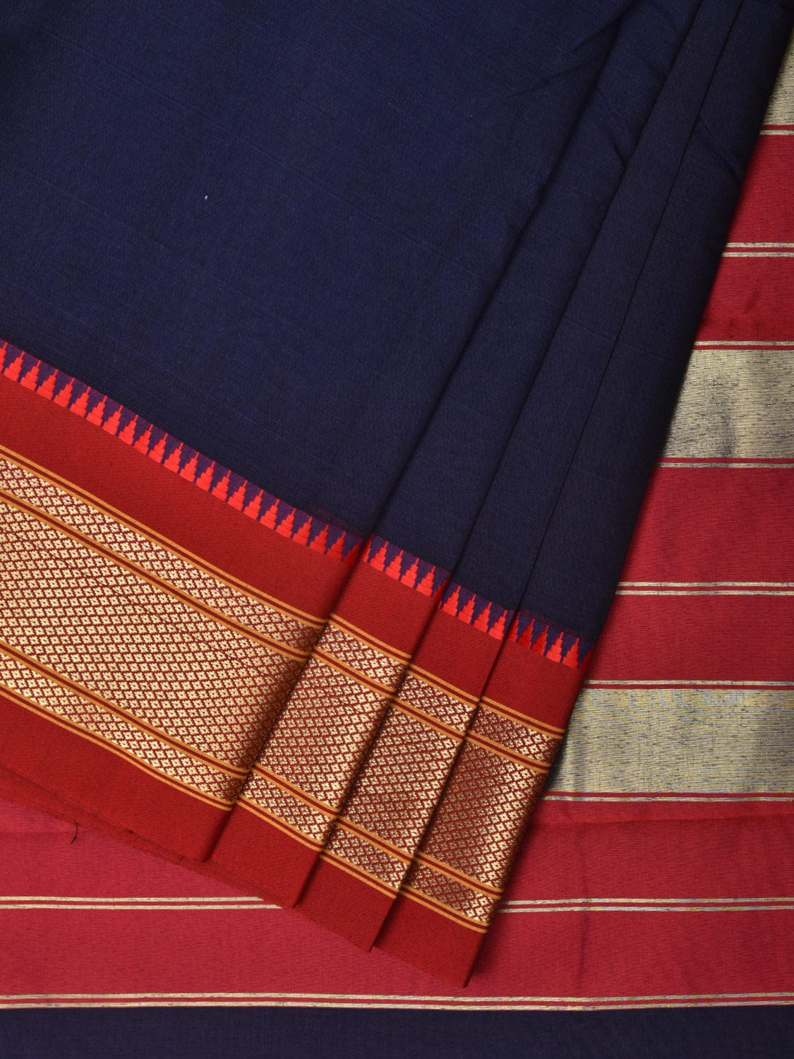 Navy and Red Bamboo Cotton Plain Saree with Contrast Pallu Design No Blouse bc0268