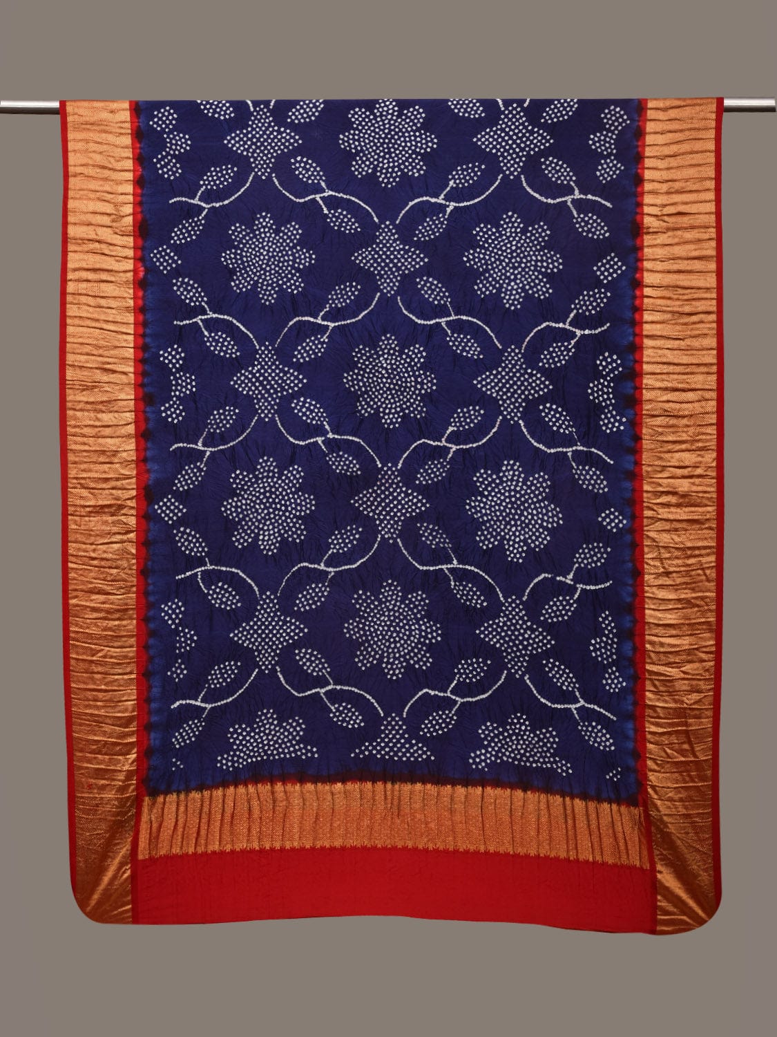 Navy and Red Bandhani Kanchipuram Silk Handloom Dupatta with Floral Work Design ds2985