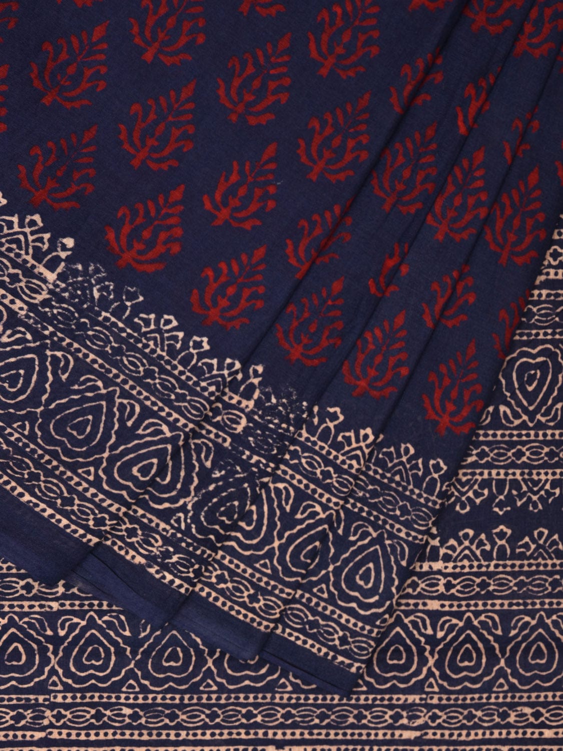 Navy and Red Block Print Cotton Saree with Body Buta and Border Design o0538