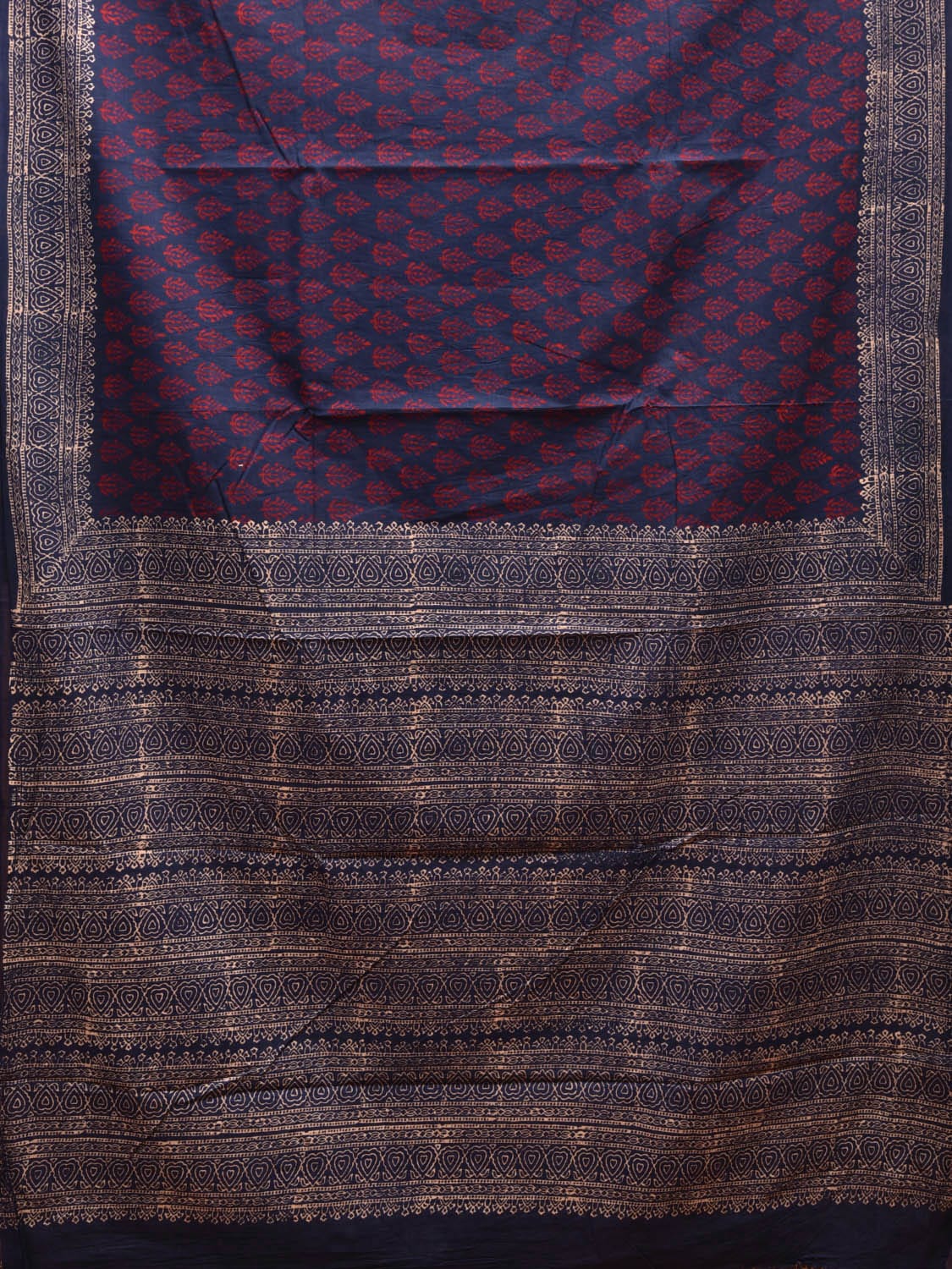 Navy and Red Block Print Cotton Saree with Body Buta and Border Design o0538