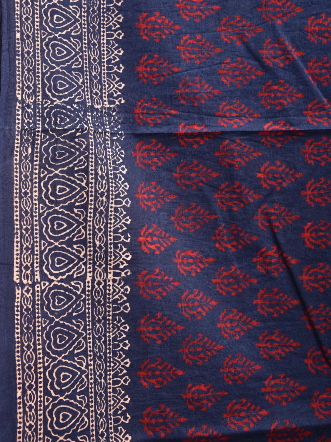 Navy and Red Block Print Cotton Saree with Body Buta and Border Design o0538