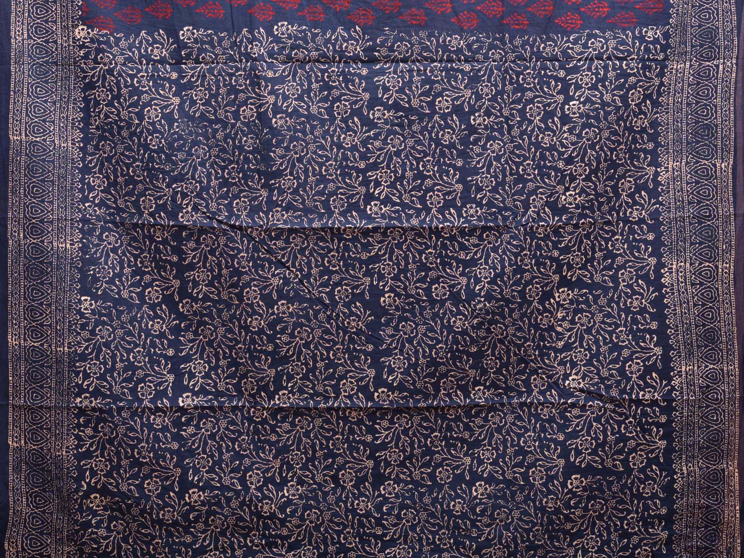 Navy and Red Block Print Cotton Saree with Body Buta and Border Design o0538