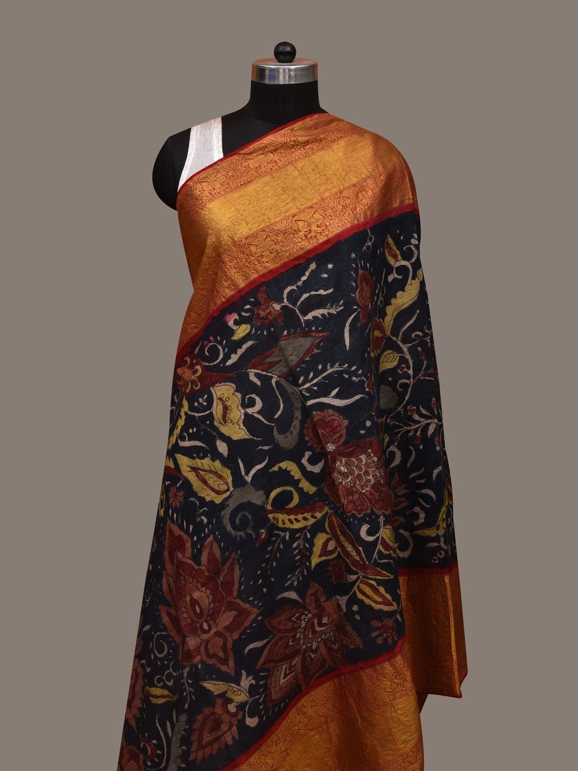 Navy and Red Kalamkari Hand Painted Kanchipuram Silk Handloom Dupatta with Big Floral Design ds2956