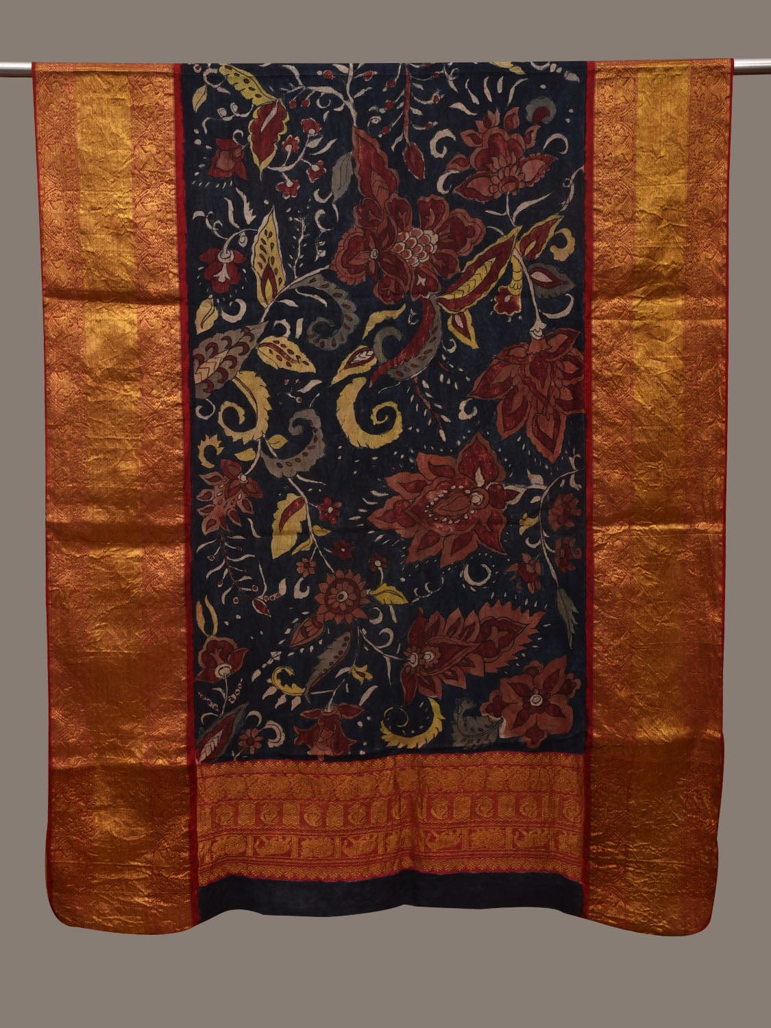 Navy and Red Kalamkari Hand Painted Kanchipuram Silk Handloom Dupatta with Big Floral Design ds2956