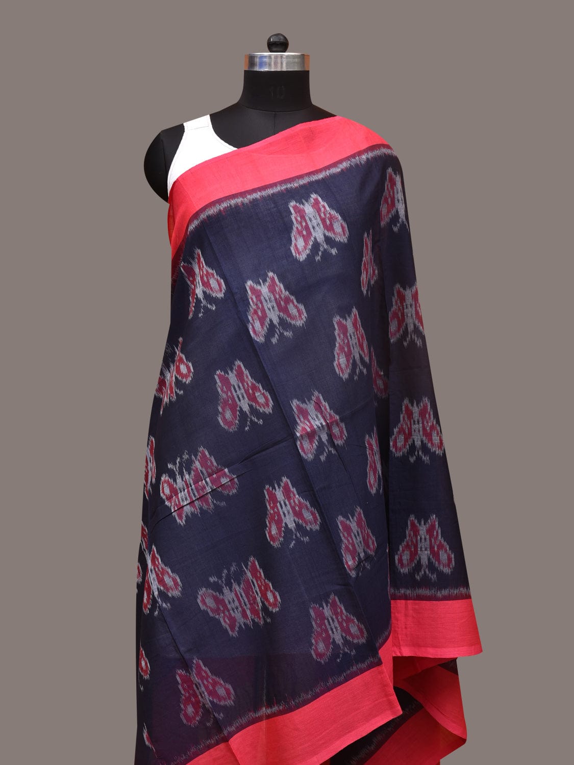Navy and Red Pochamaplly Ikat Cotton Handloom Dupatta with Butterfly Design ds3361