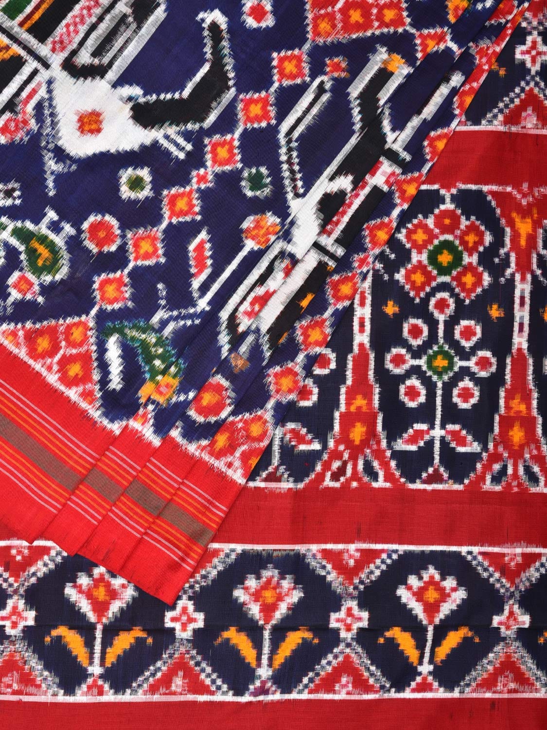 Navy and Red Pochampally Double Ikat Silk Handloom Saree with Big Elephant Design i0771