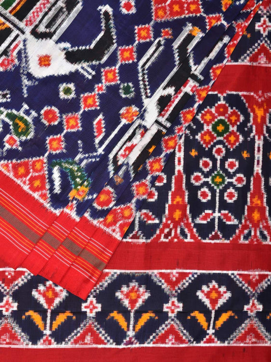 Navy and Red Pochampally Double Ikat Silk Handloom Saree with Big Elephant Design i0771