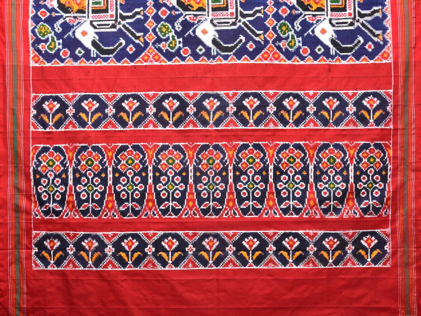 Navy and Red Pochampally Double Ikat Silk Handloom Saree with Big Elephant Design i0771