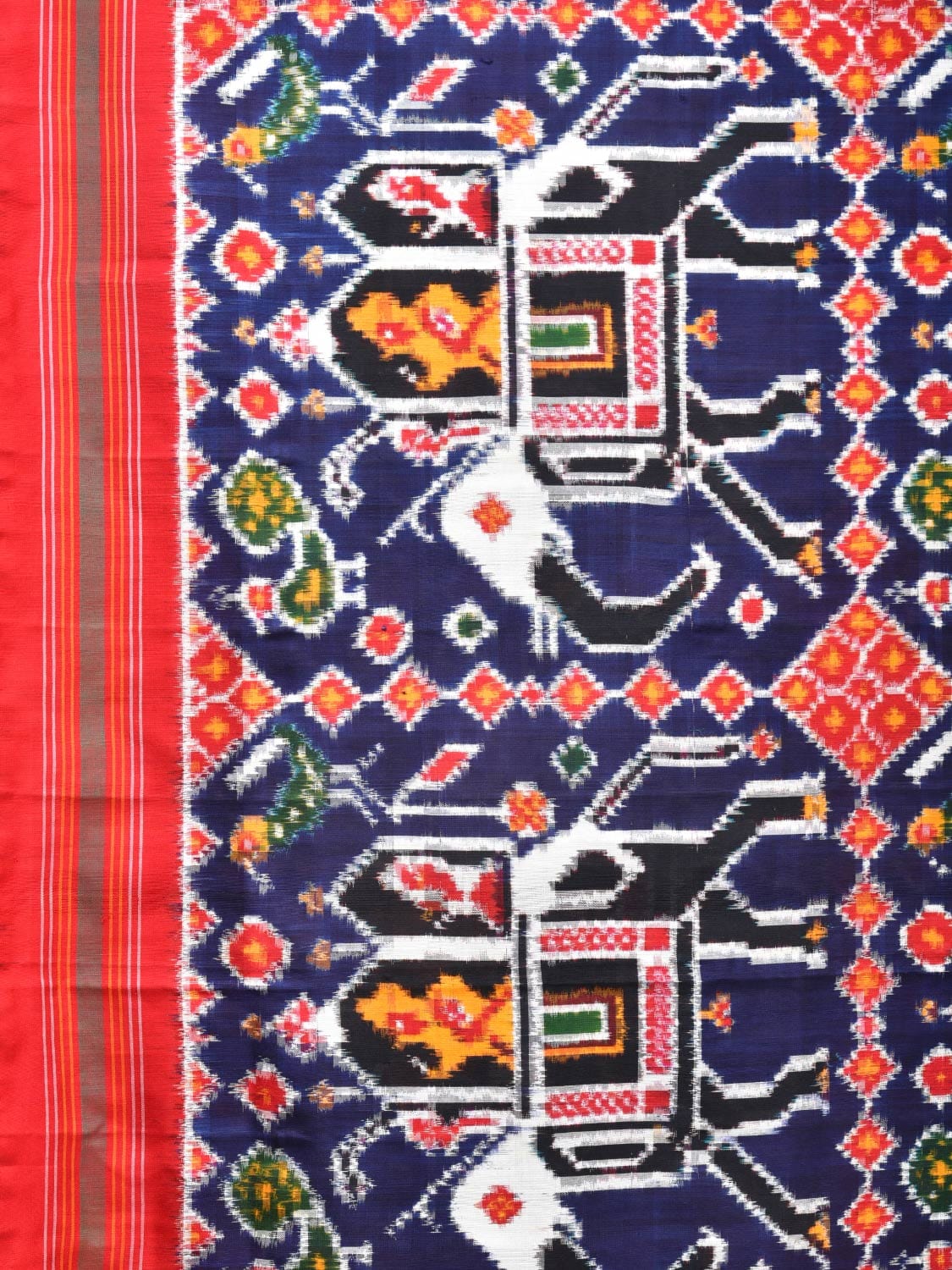 Navy and Red Pochampally Double Ikat Silk Handloom Saree with Big Elephant Design i0771