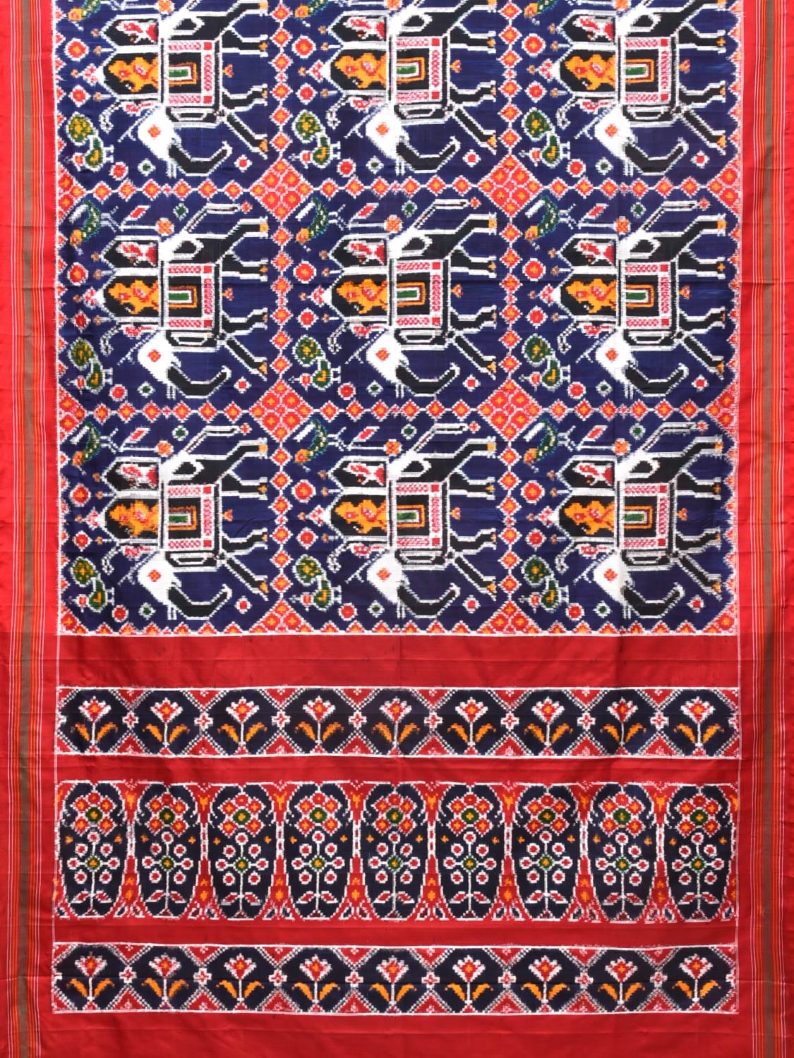 Navy and Red Pochampally Double Ikat Silk Handloom Saree with Big Elephant Design i0771