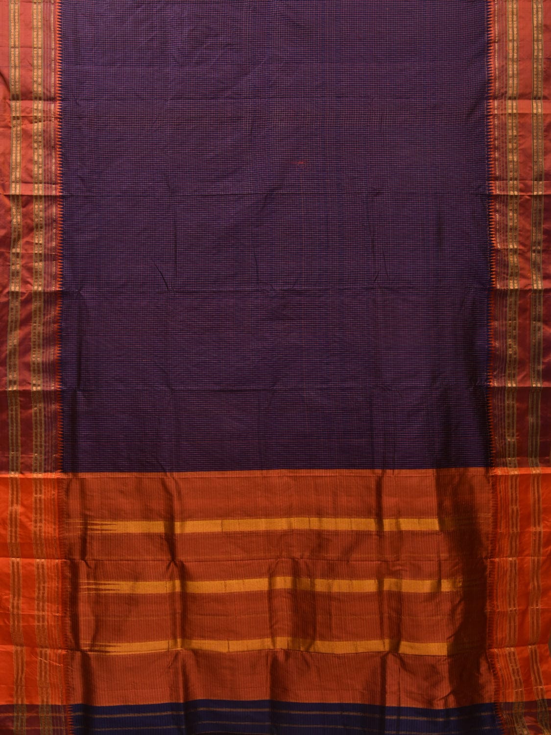 Navy and Rust Narayanpet Silk Handloom Saree with Checks Design No Blouse np0648