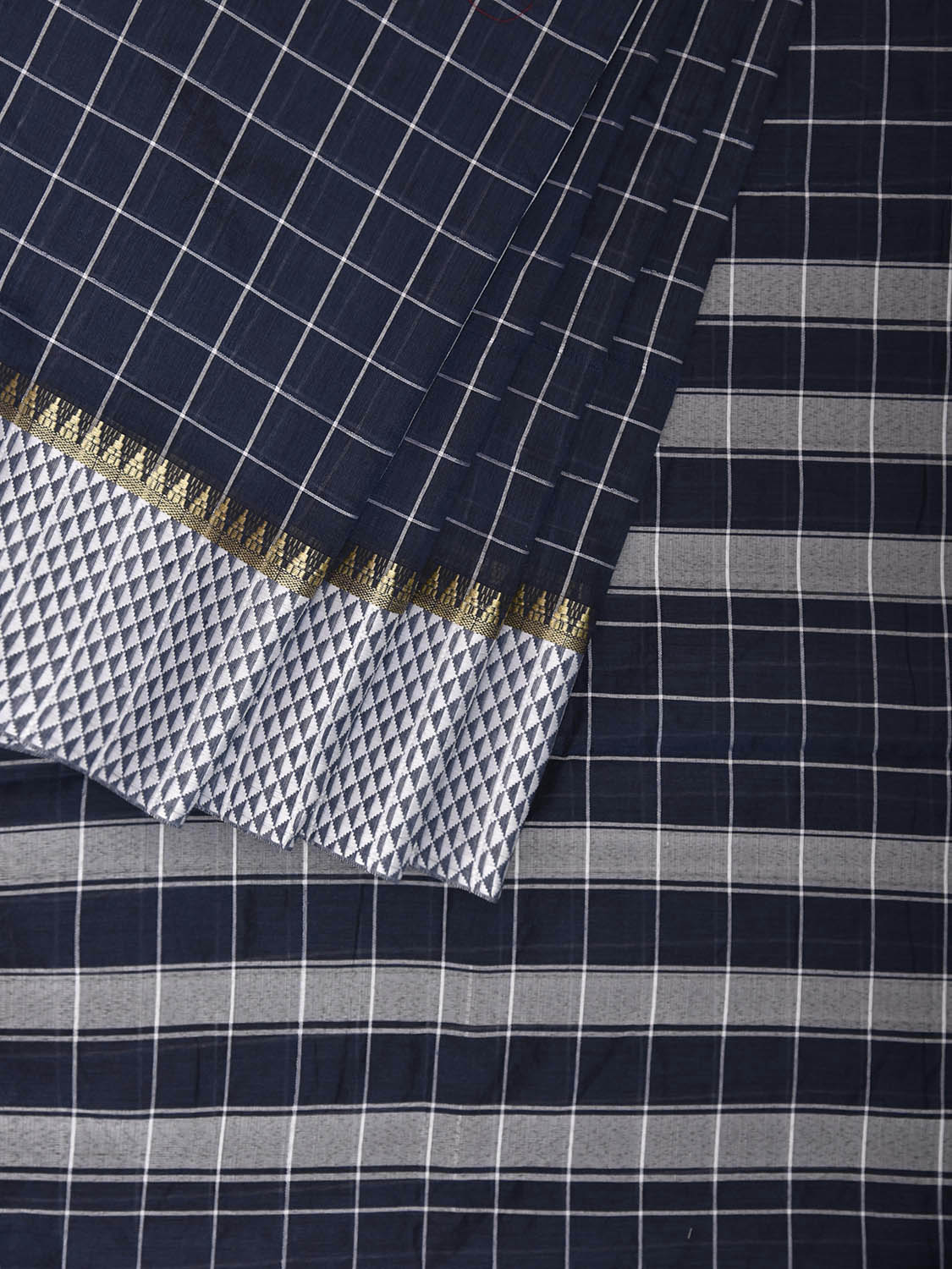 Navy and White Bamboo Cotton Saree with Big Checks Design No Blouse bc0830