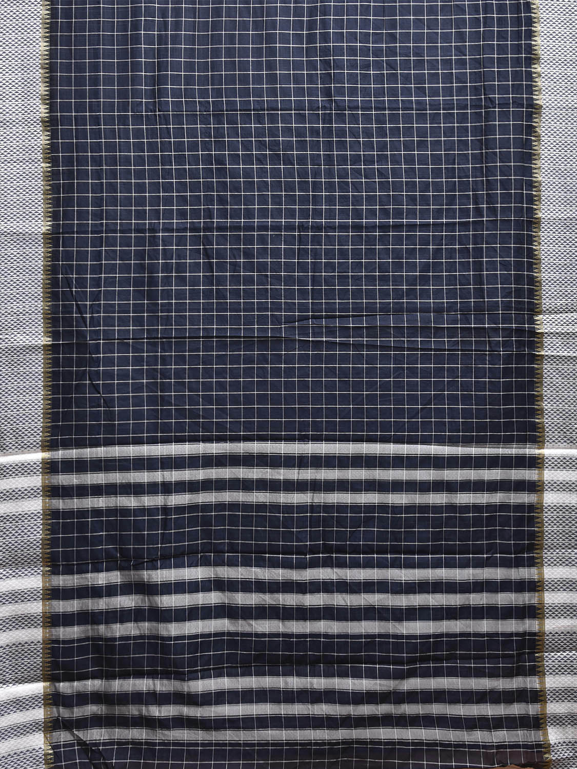 Navy and White Bamboo Cotton Saree with Big Checks Design No Blouse bc0830