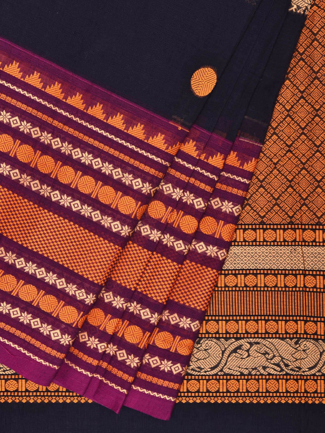 Navy and Yellow Kanchipuram Cotton Saree with Pallu and Big Border Design k0735