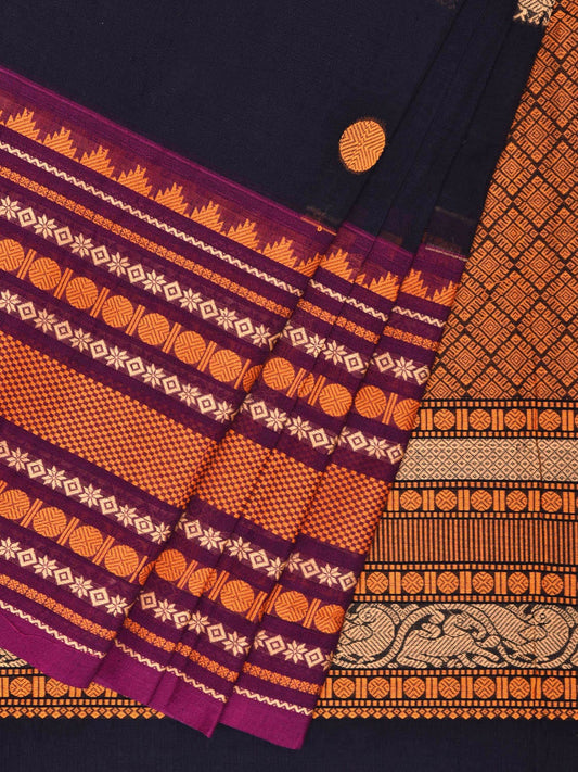 Navy and Yellow Kanchipuram Cotton Saree with Pallu and Big Border Design k0735