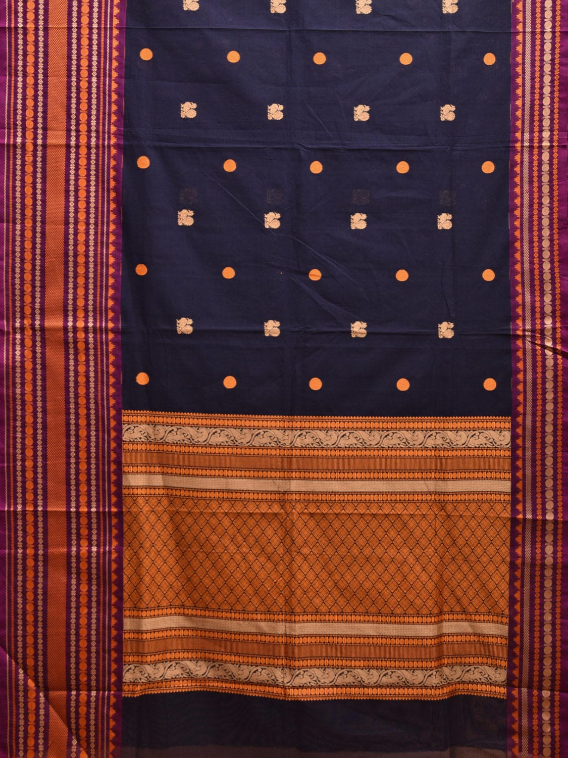 Navy and Yellow Kanchipuram Cotton Saree with Pallu and Big Border Design k0735