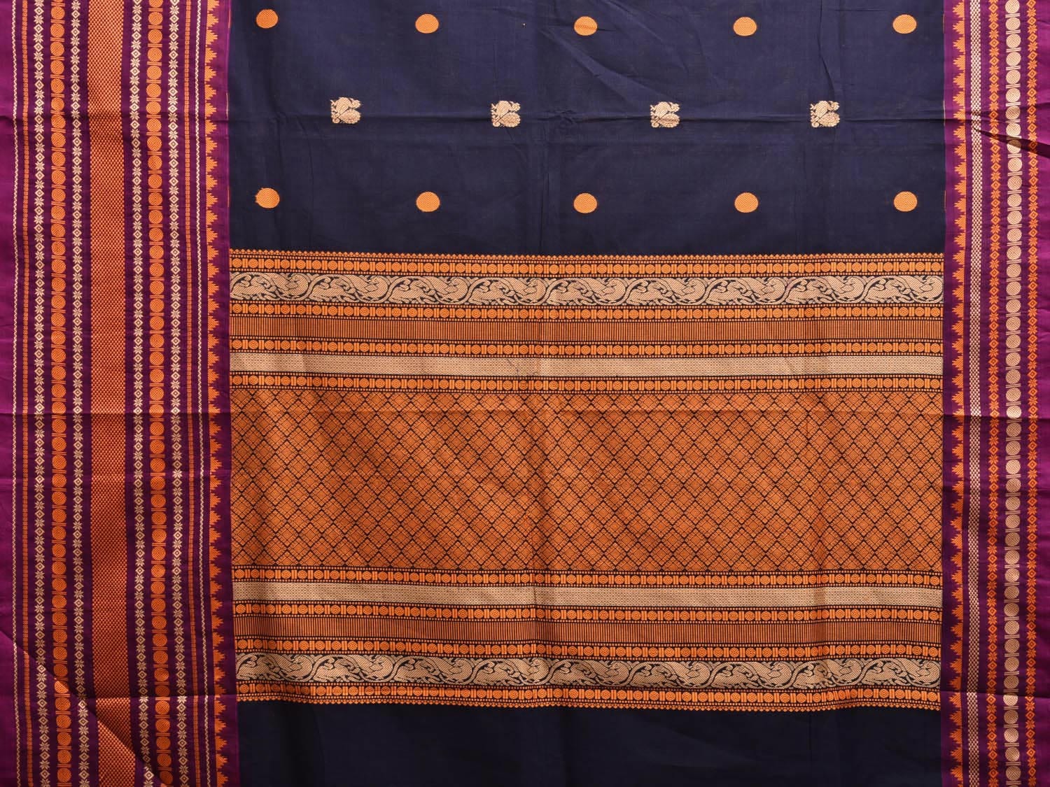Navy and Yellow Kanchipuram Cotton Saree with Pallu and Big Border Design k0735