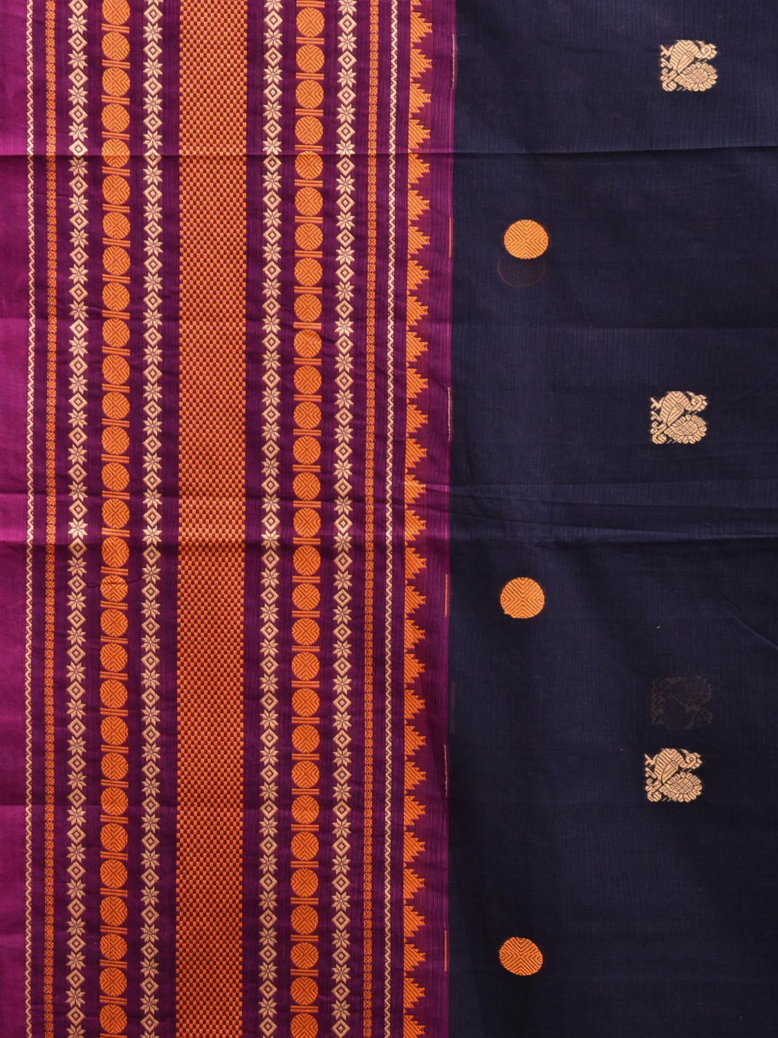 Navy and Yellow Kanchipuram Cotton Saree with Pallu and Big Border Design k0735
