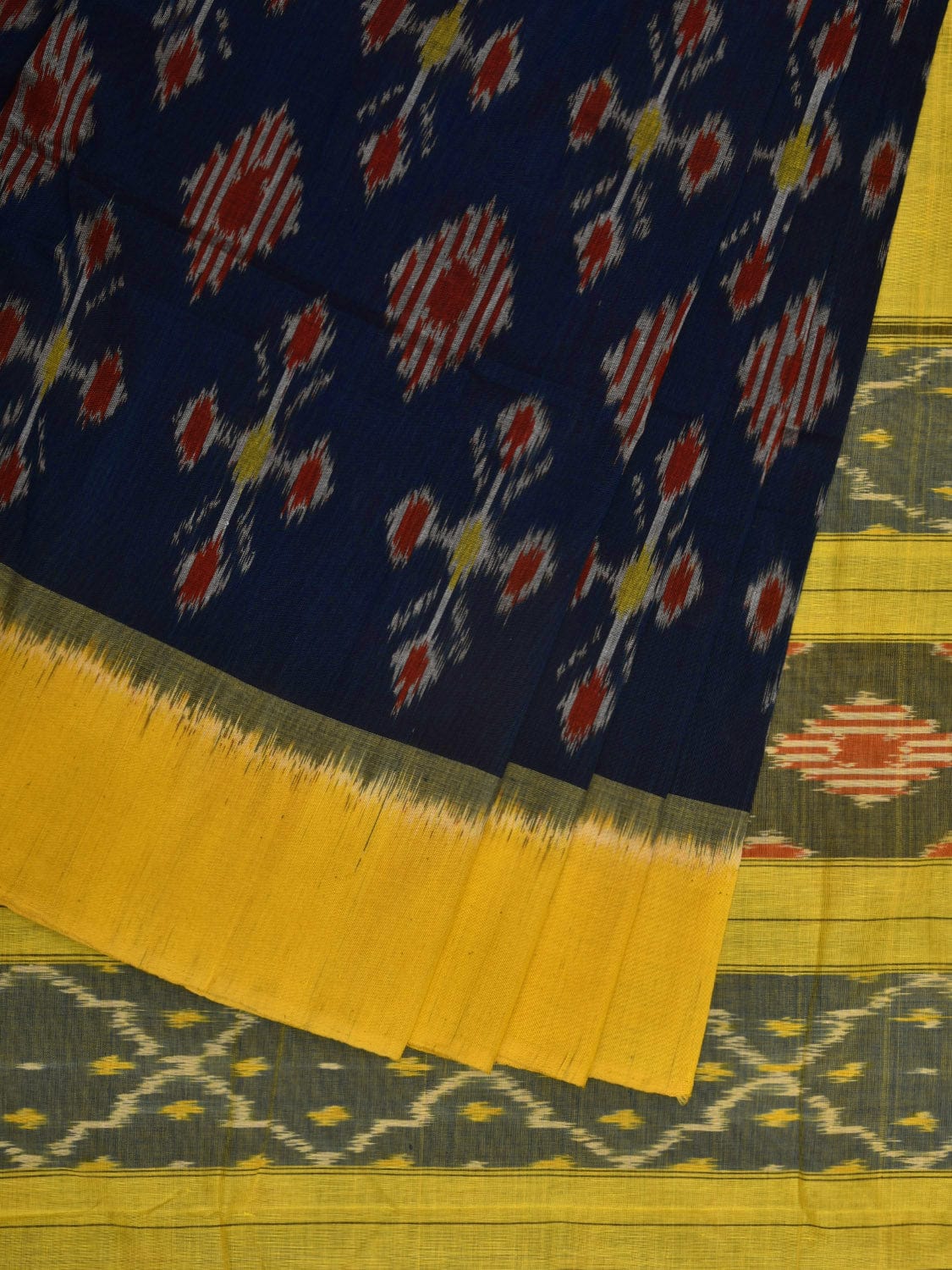 Navy and Yellow Pochampally Ikat Cotton Handloom Saree with All Over Design i0721