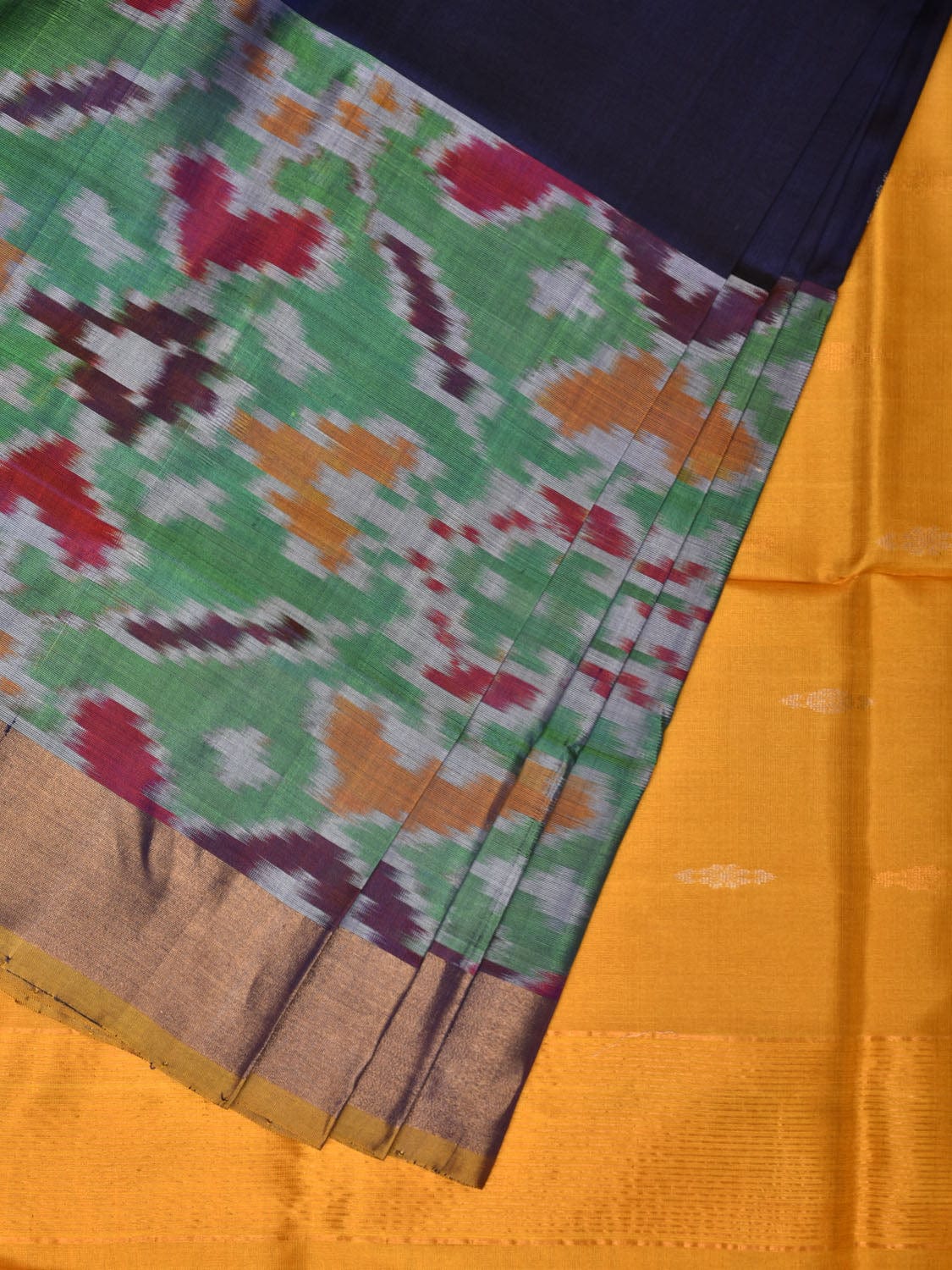 Navy and Yellow Uppada Silk Handloom Saree with Buta and Ikat Border Design u2087