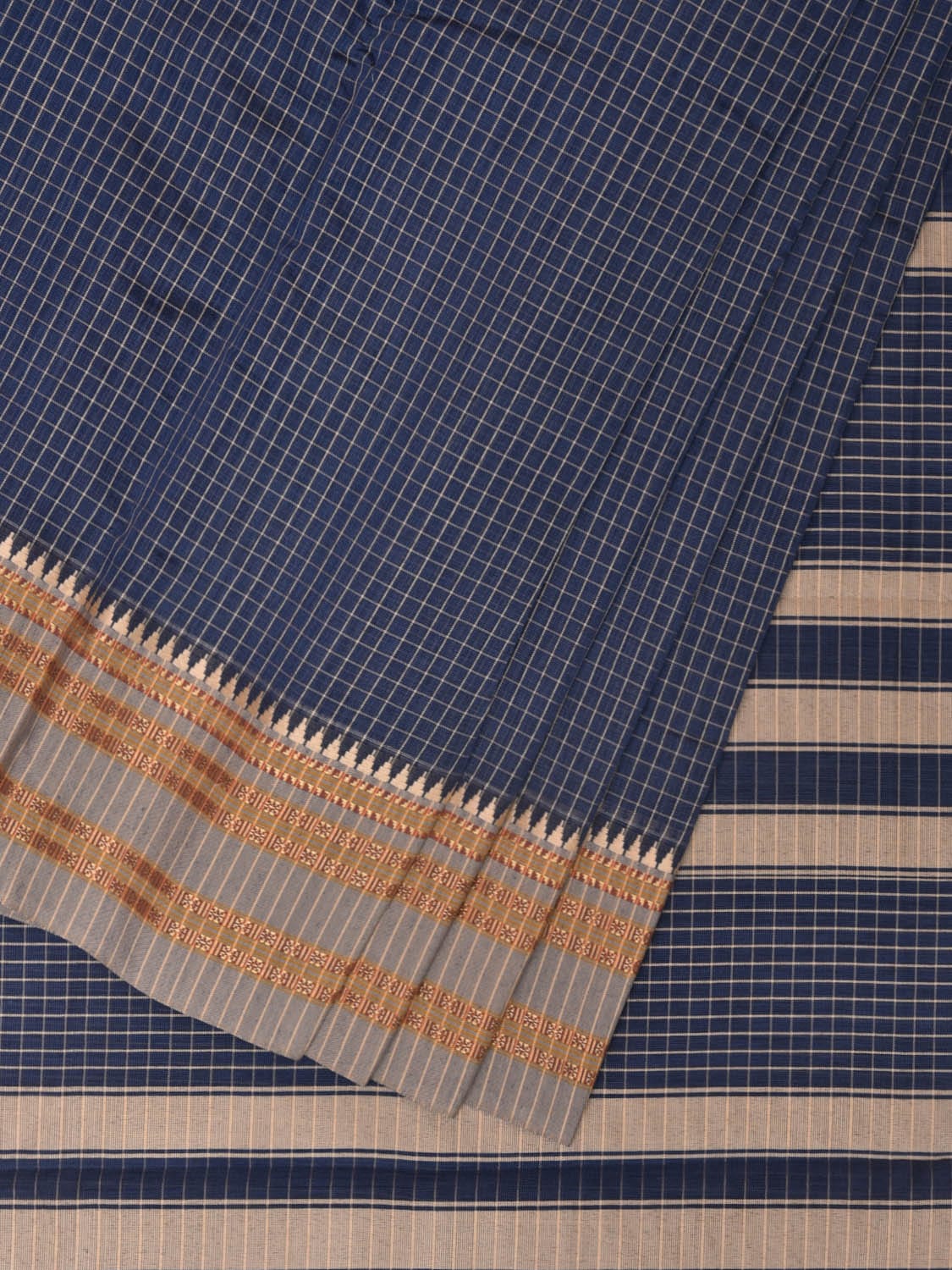 Navy Bamboo Cotton Saree with Checks Design No Blouse bc0285