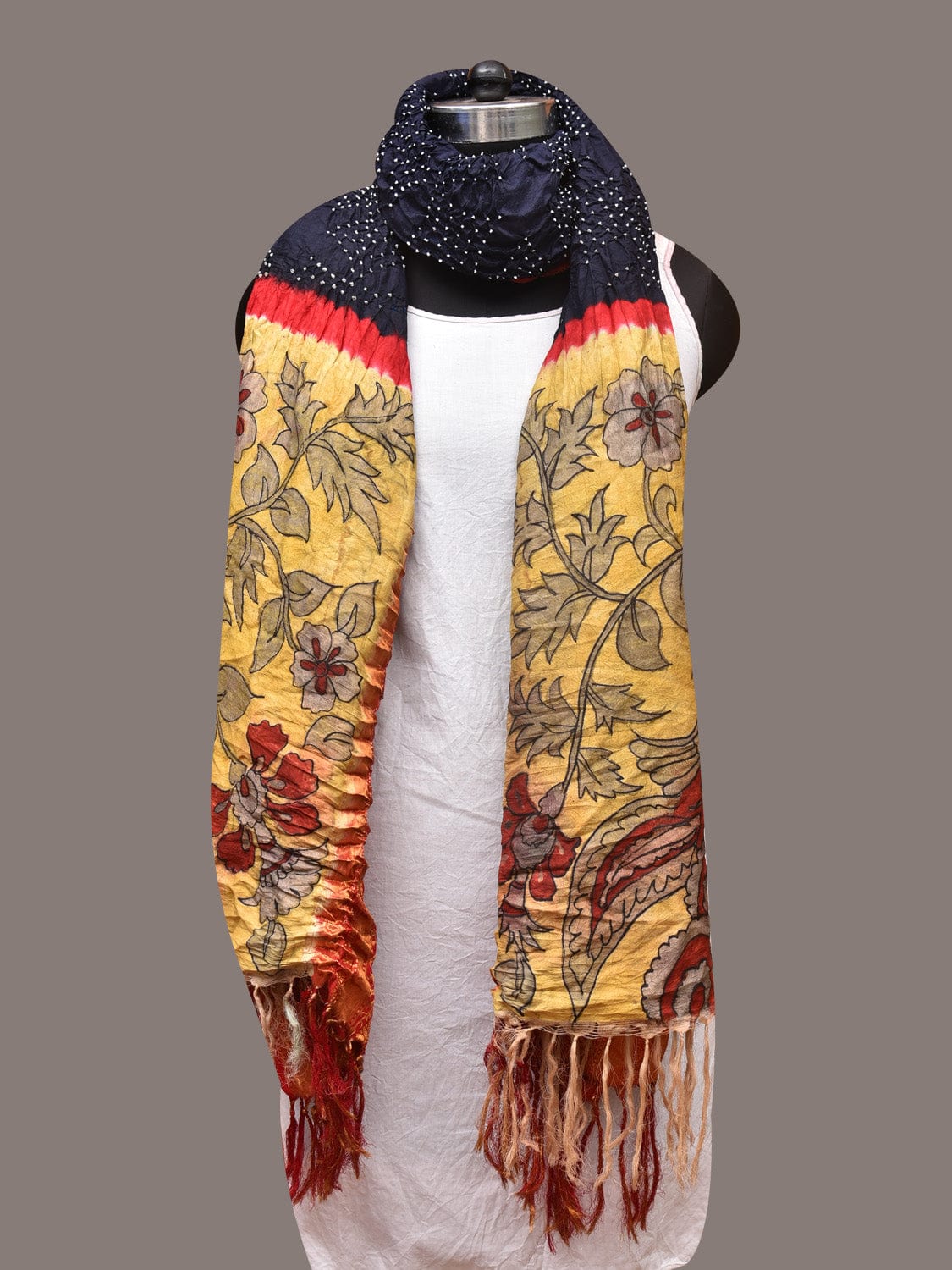 Navy Bandhani Kanchipuram Silk Handloom Dupatta with Kalamkari Design ds3373