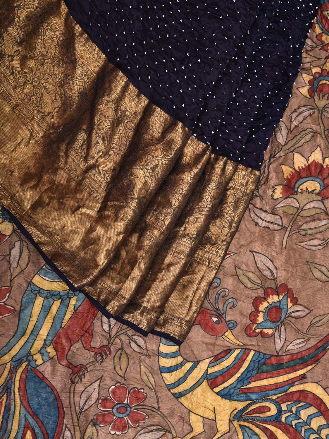 Navy Bandhani Kanchipuram Silk Handloom Saree with Kalamkari Pallu and Blouse Design bn0467