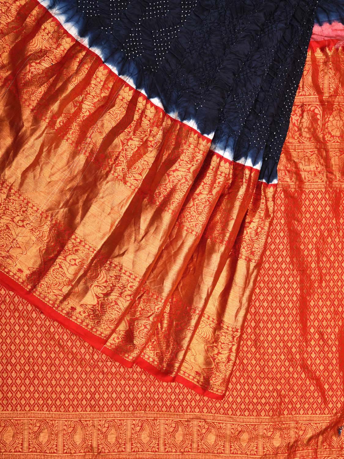 Navy Bandhani Kanchipuram Silk Handloom Saree with Zig-Zag and Border Design bn0455