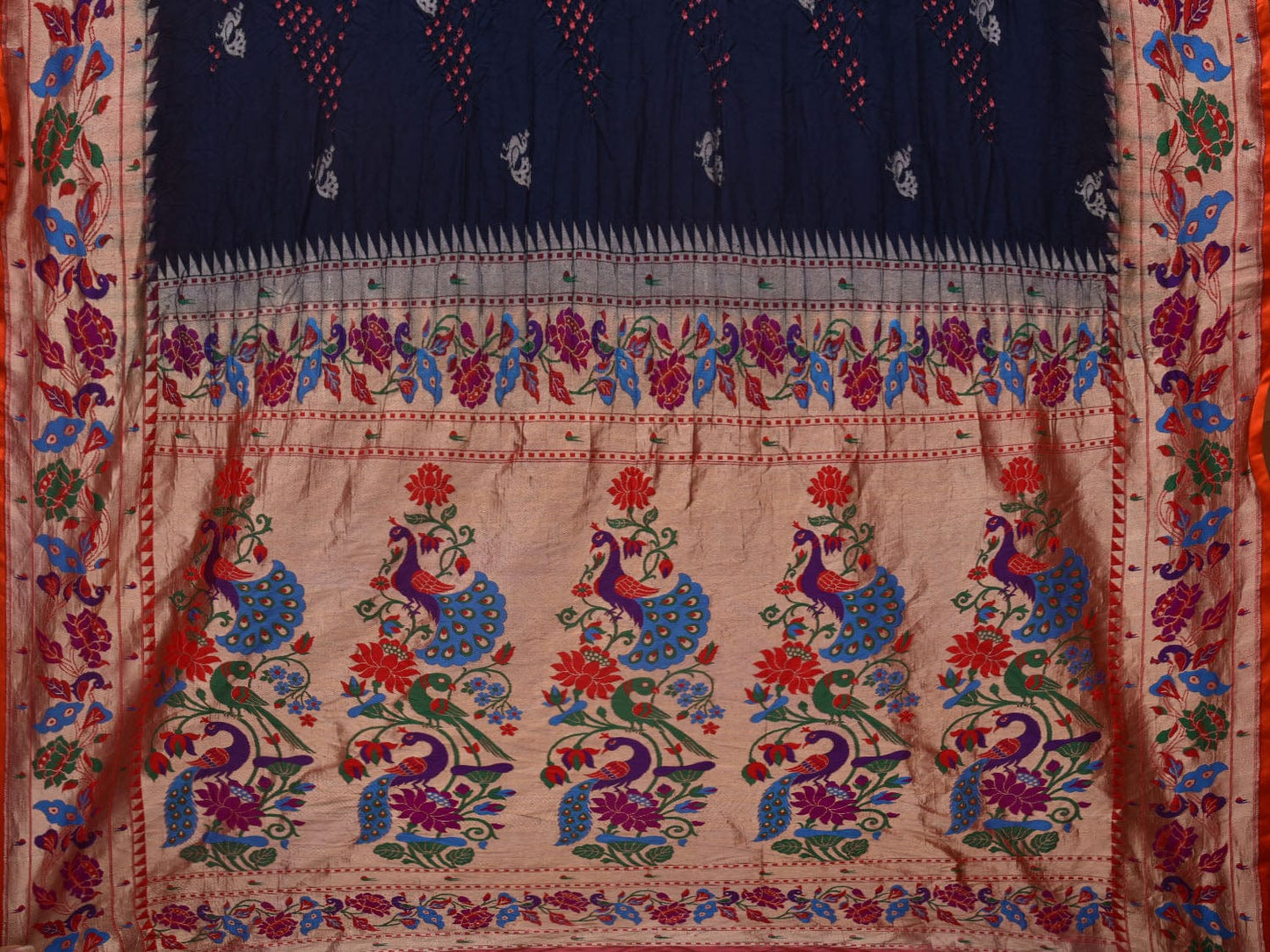 Navy Bandhani Paithani Silk Handloom Saree with Peacock Border Design bn0422