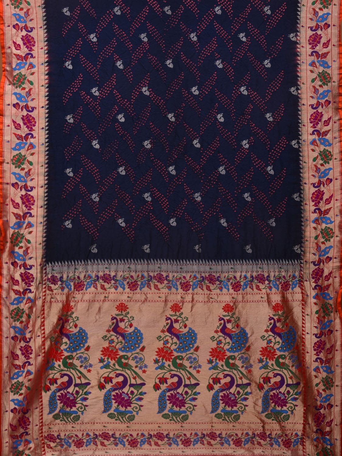Navy Bandhani Paithani Silk Handloom Saree with Peacock Border Design bn0422