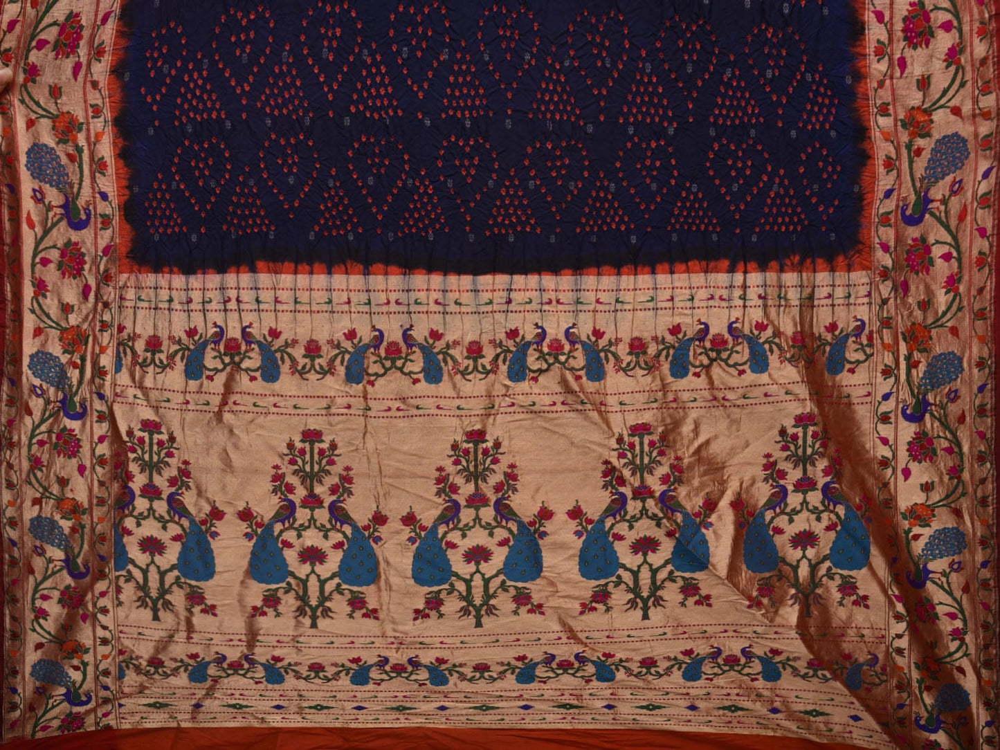 Navy Bandhani Paithani Silk Handloom Saree with Peacock Border Design bn0426