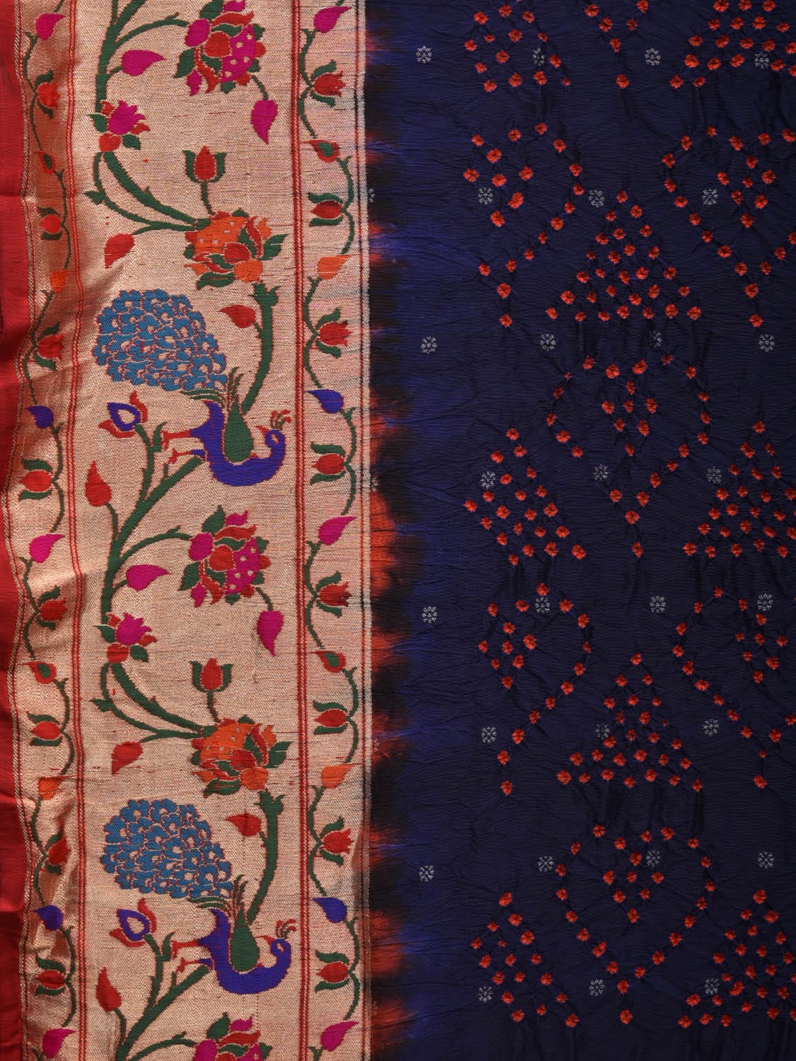 Navy Bandhani Paithani Silk Handloom Saree with Peacock Border Design bn0426