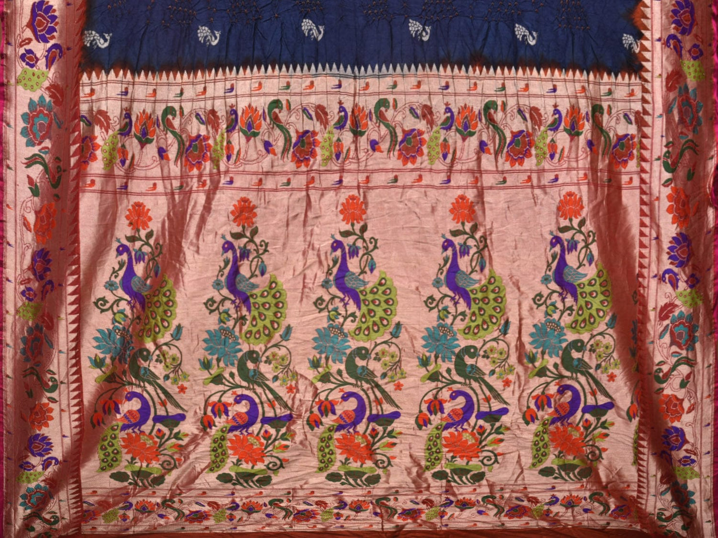 Navy Bandhani Paithani Silk Handloom Saree with Peacocks Border and Pallu Design bn0412