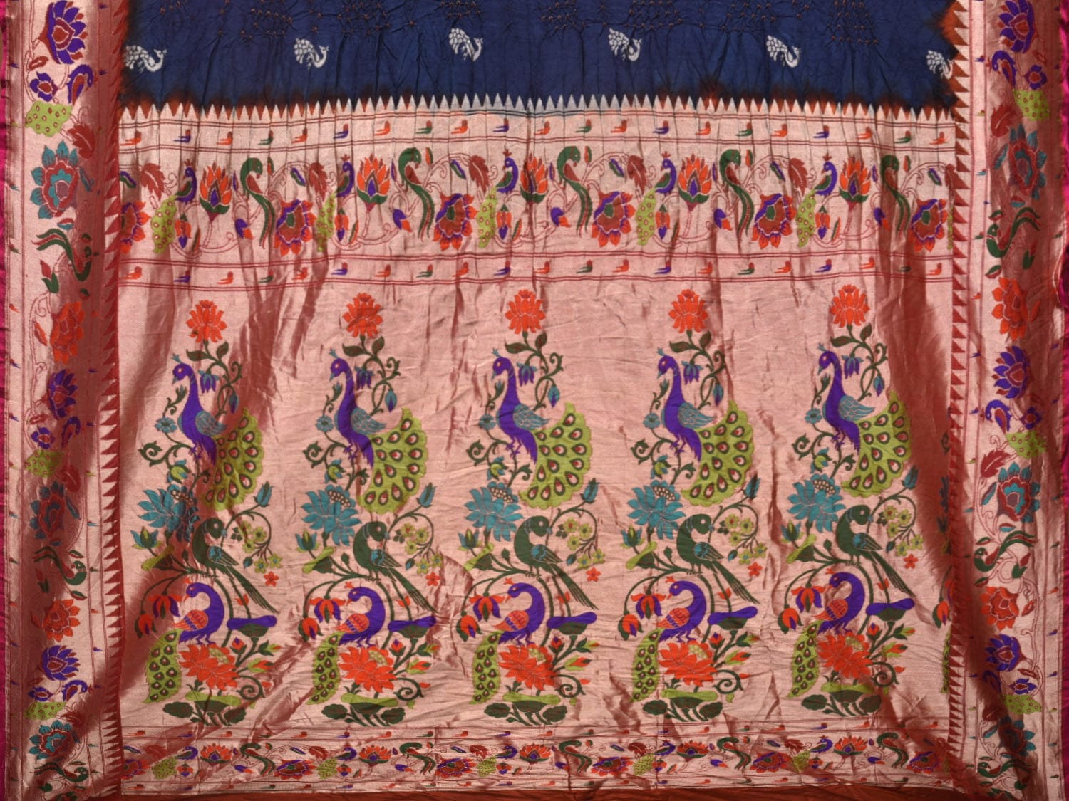 Navy Bandhani Paithani Silk Handloom Saree with Peacocks Border and Pallu Design bn0412