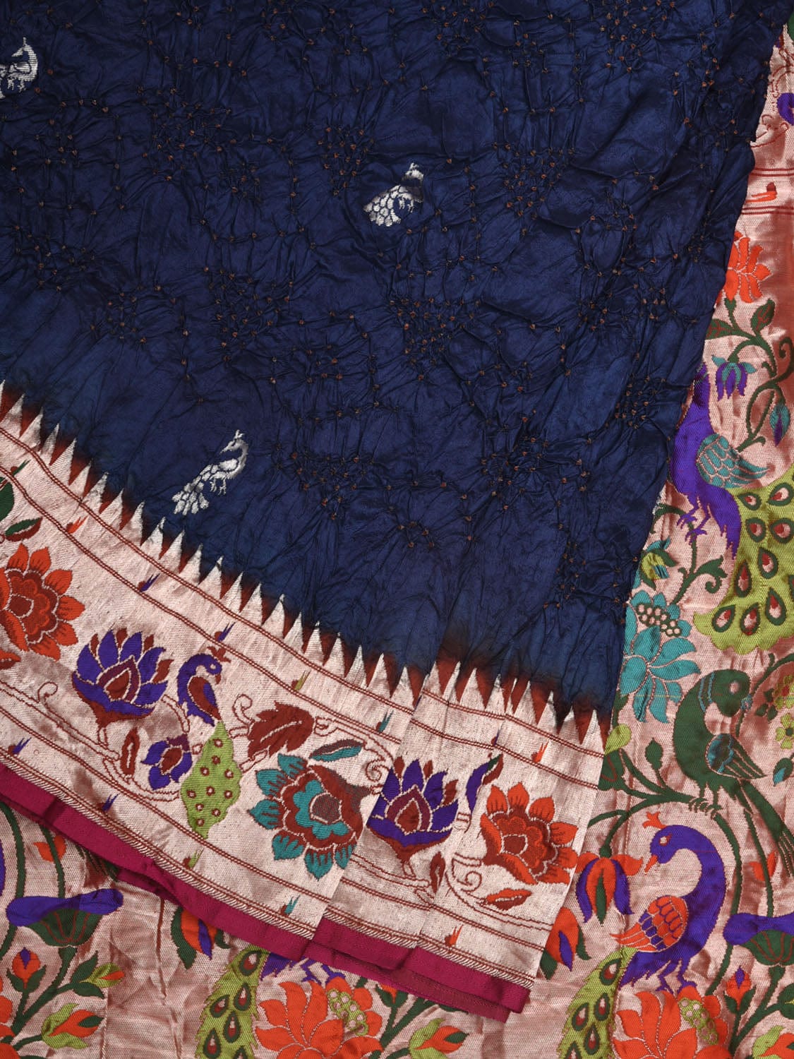 Navy Bandhani Paithani Silk Handloom Saree with Peacocks Border and Pallu Design bn0412