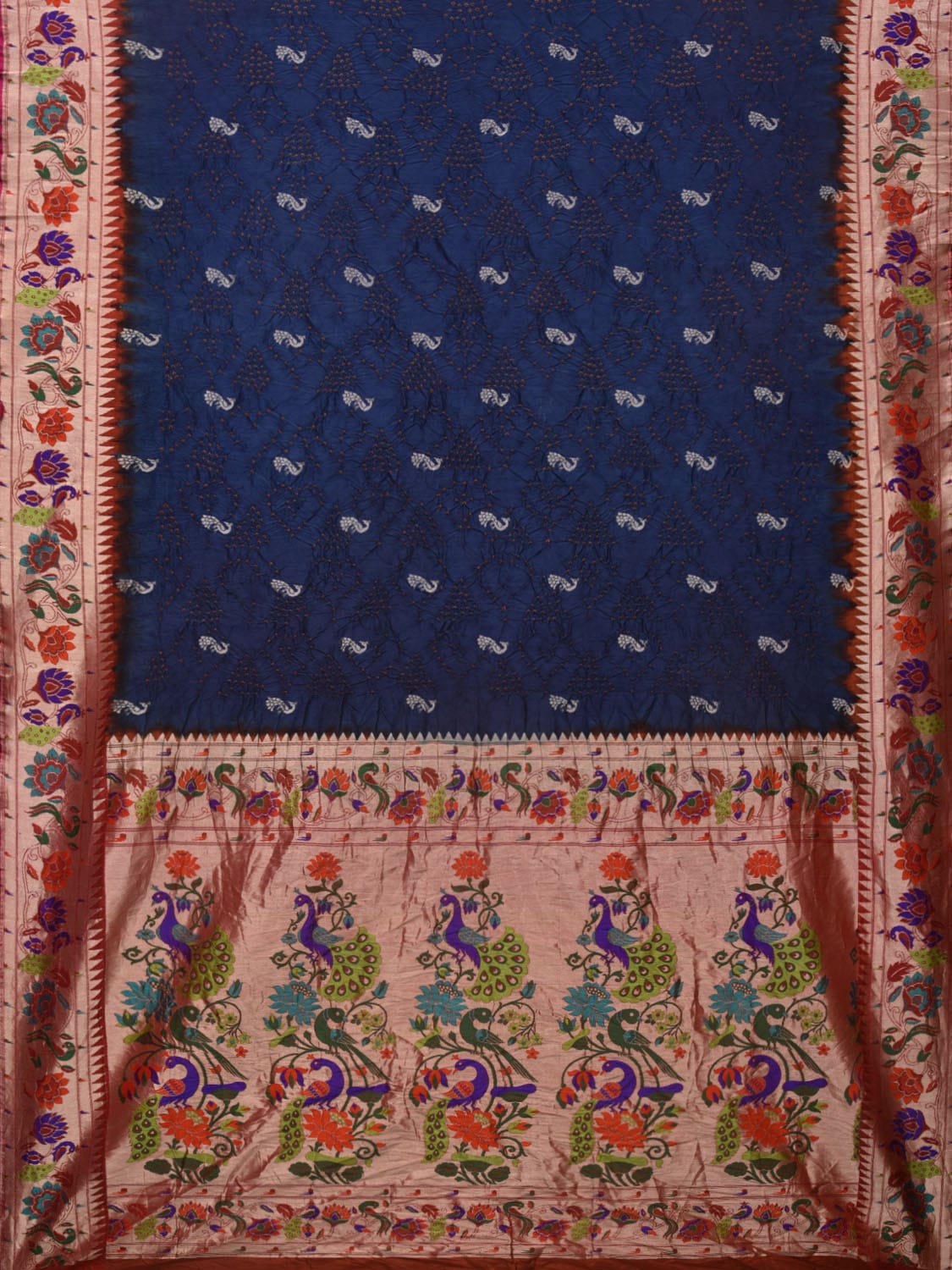Navy Bandhani Paithani Silk Handloom Saree with Peacocks Border and Pallu Design bn0412