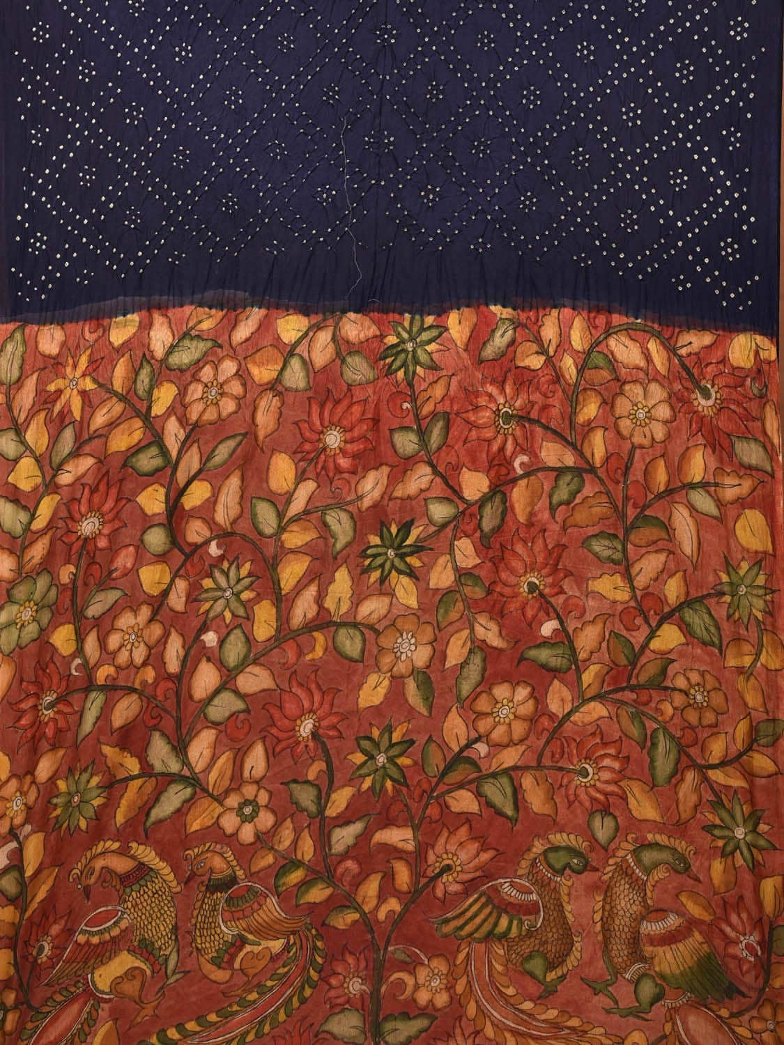 Navy Bandhani Silk Handloom Saree with Kalamkari Pallu and Blouse Design bn0469